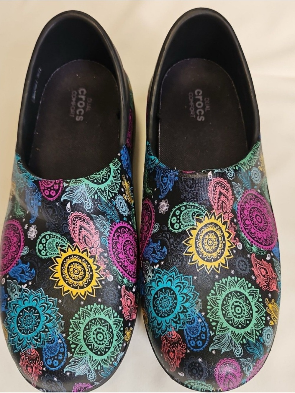 Crocs Women’s Black Slip-On Clogs with Multicolor Paisley Print